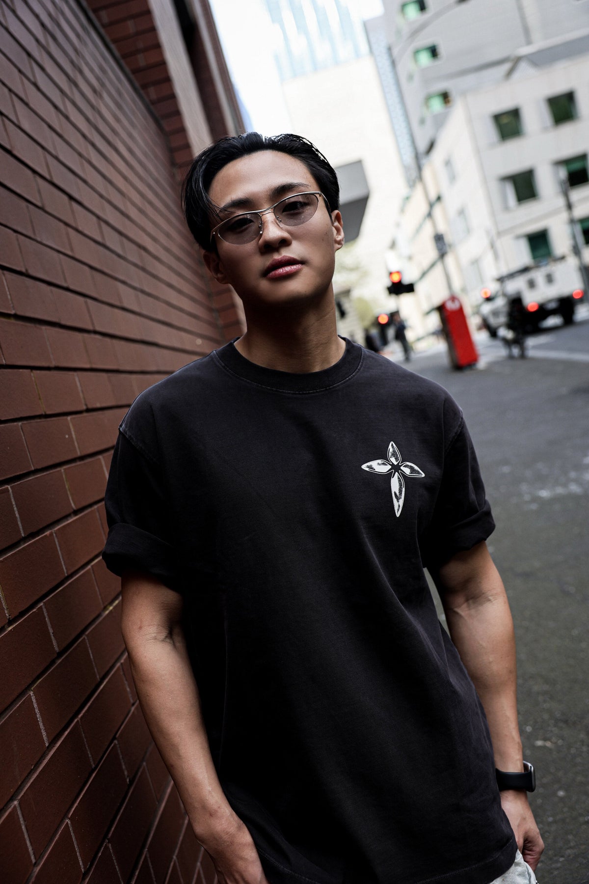 Metallic Cross Tee, portrait — dropped shoulder and rolled sleeve
