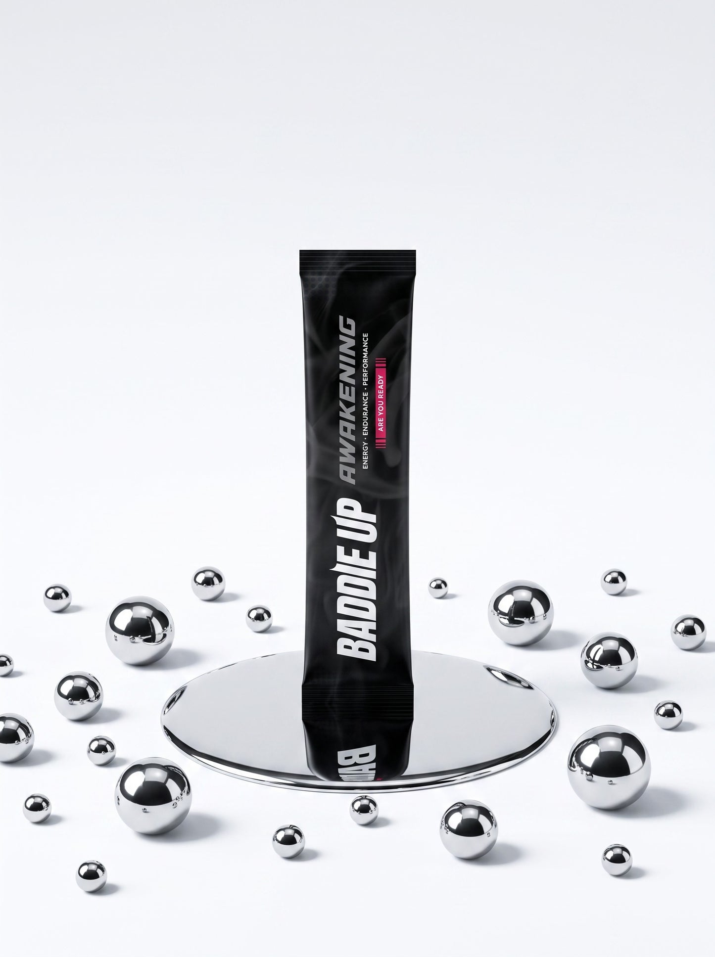 AWAKENING single-serve sachet on chrome mercury pedestal
