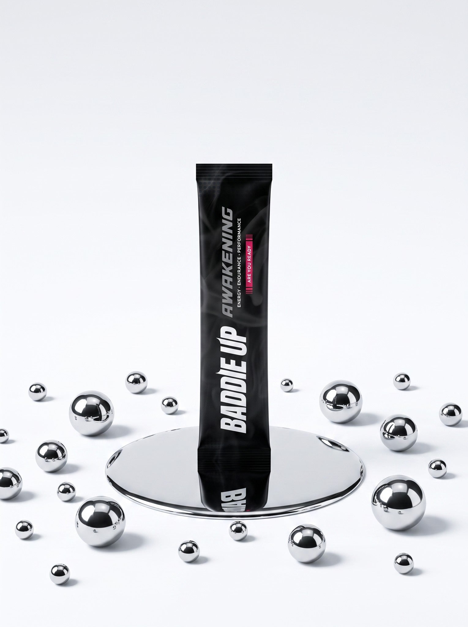 AWAKENING single-serve sachet on chrome mercury pedestal