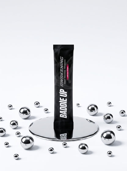 AWAKENING single-serve sachet on chrome mercury pedestal