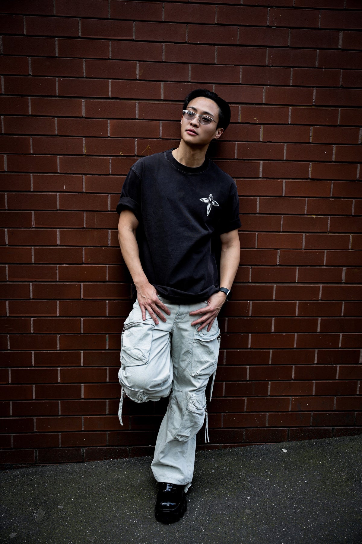 Metallic Cross Tee worn full length with washed cargos