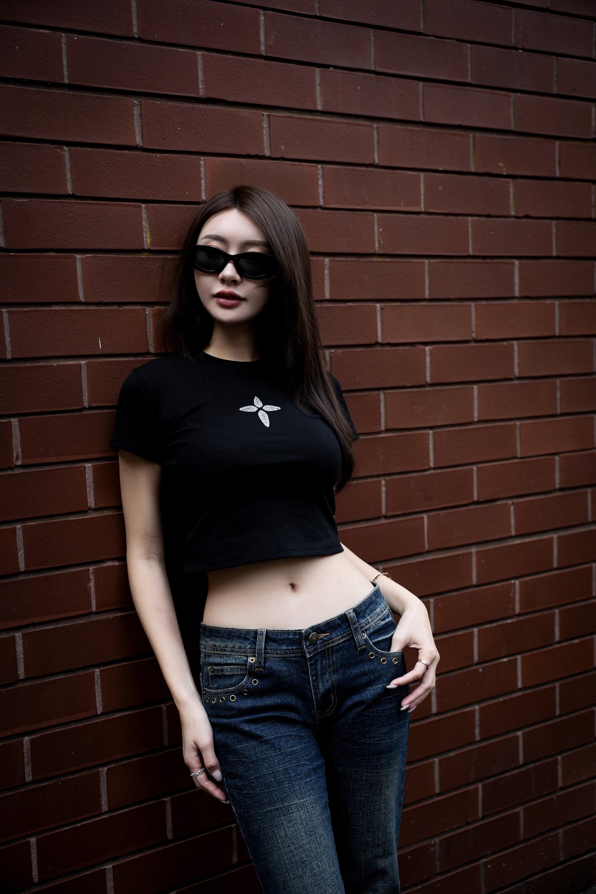 Rhinestone Fitted Tee, front — cut close, hem at the low hip