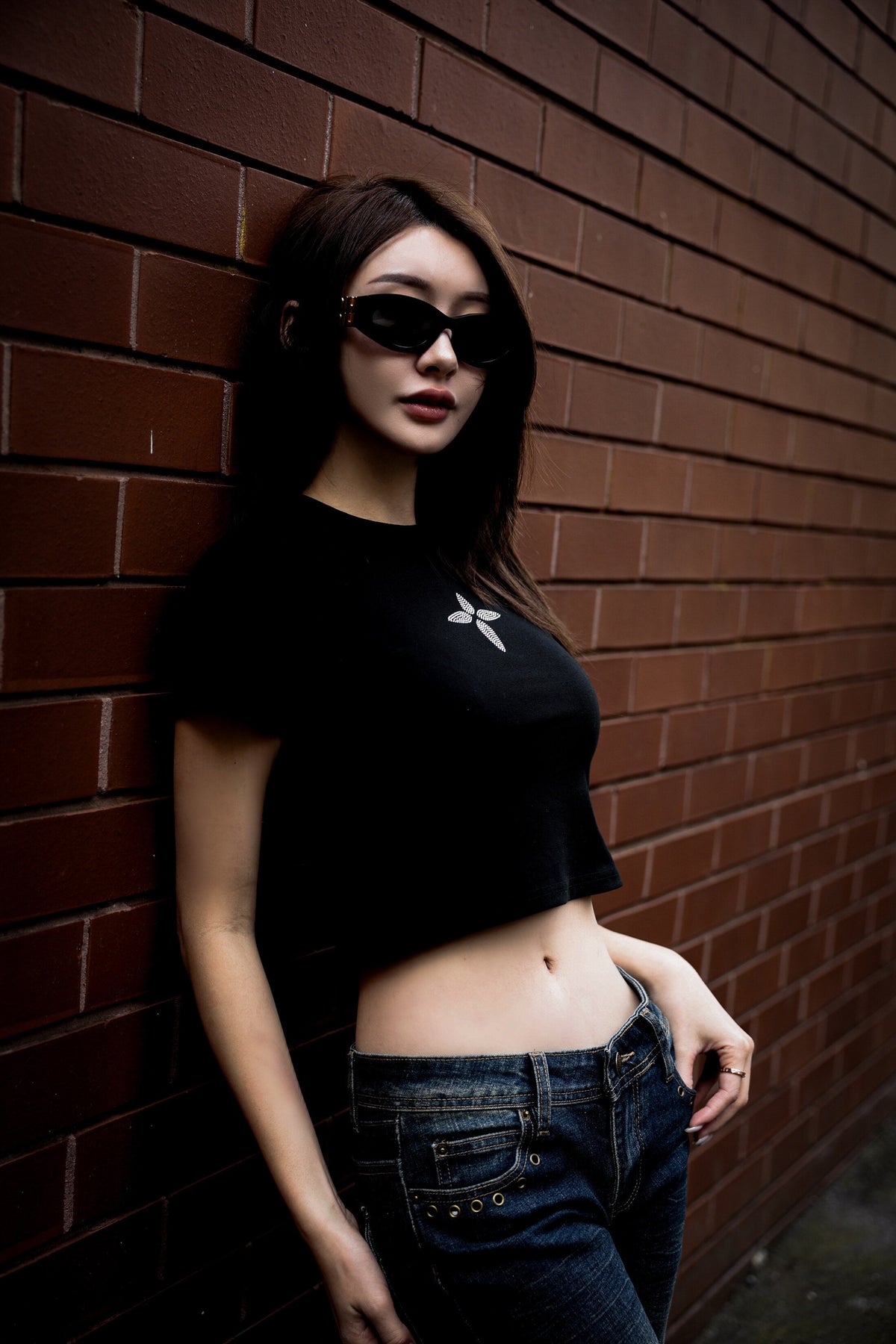Rhinestone Fitted Tee worn three-quarter — natural waist
