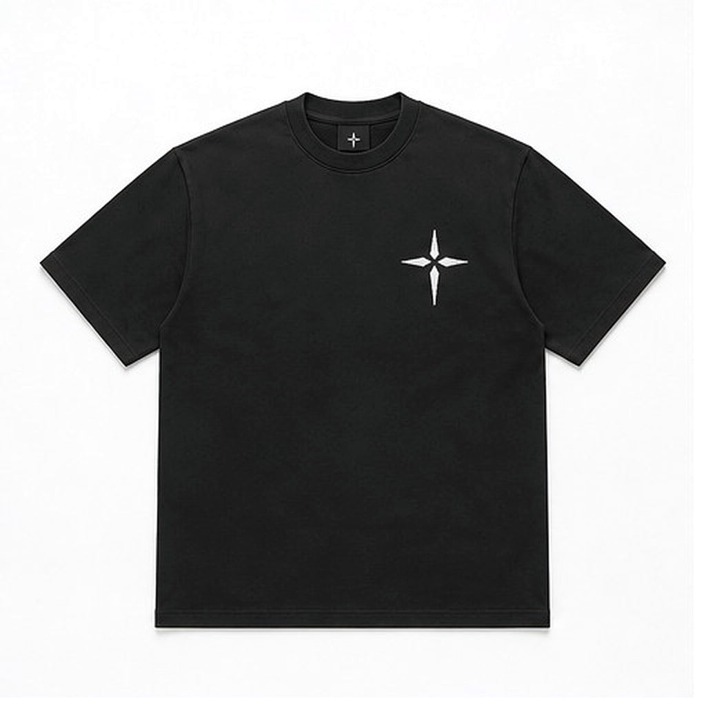 BAD Tee, flat front — the sharp cross on the left chest