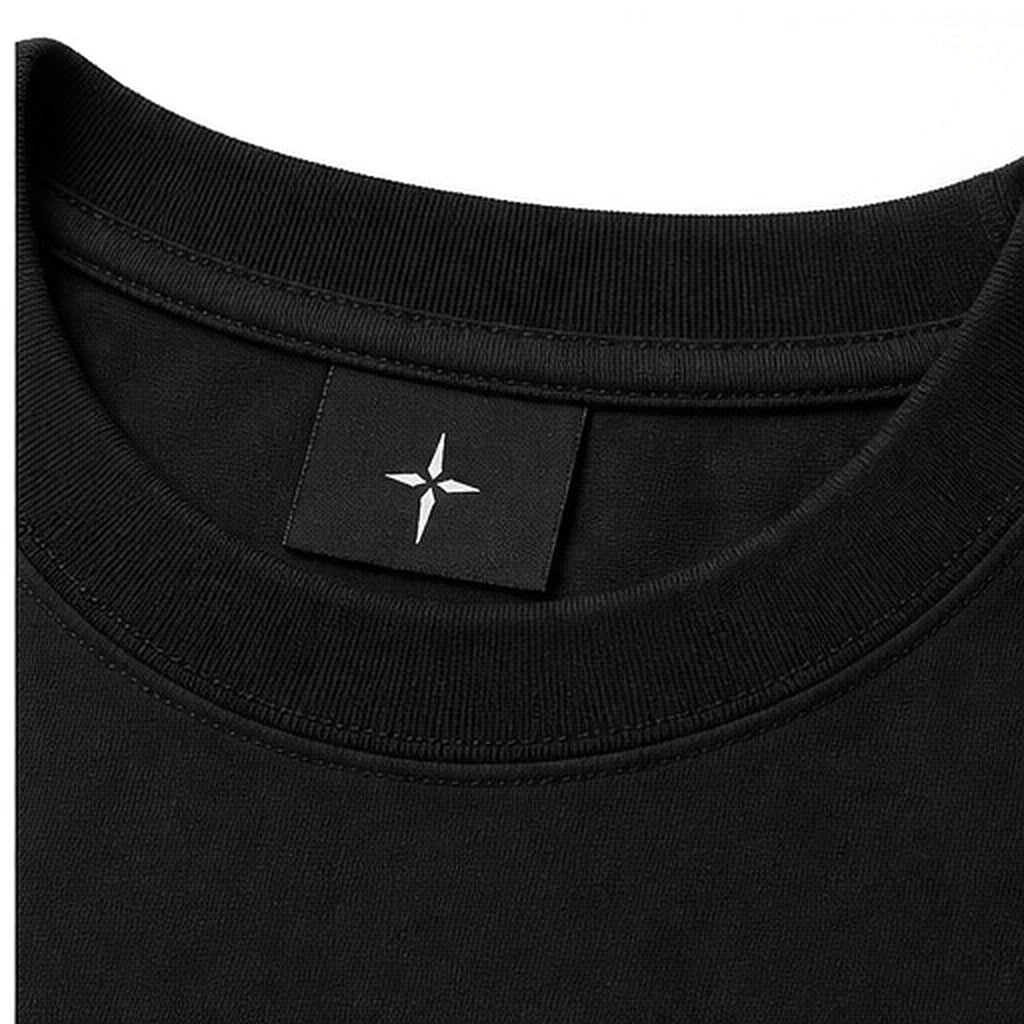 Black woven neck label with the white cross