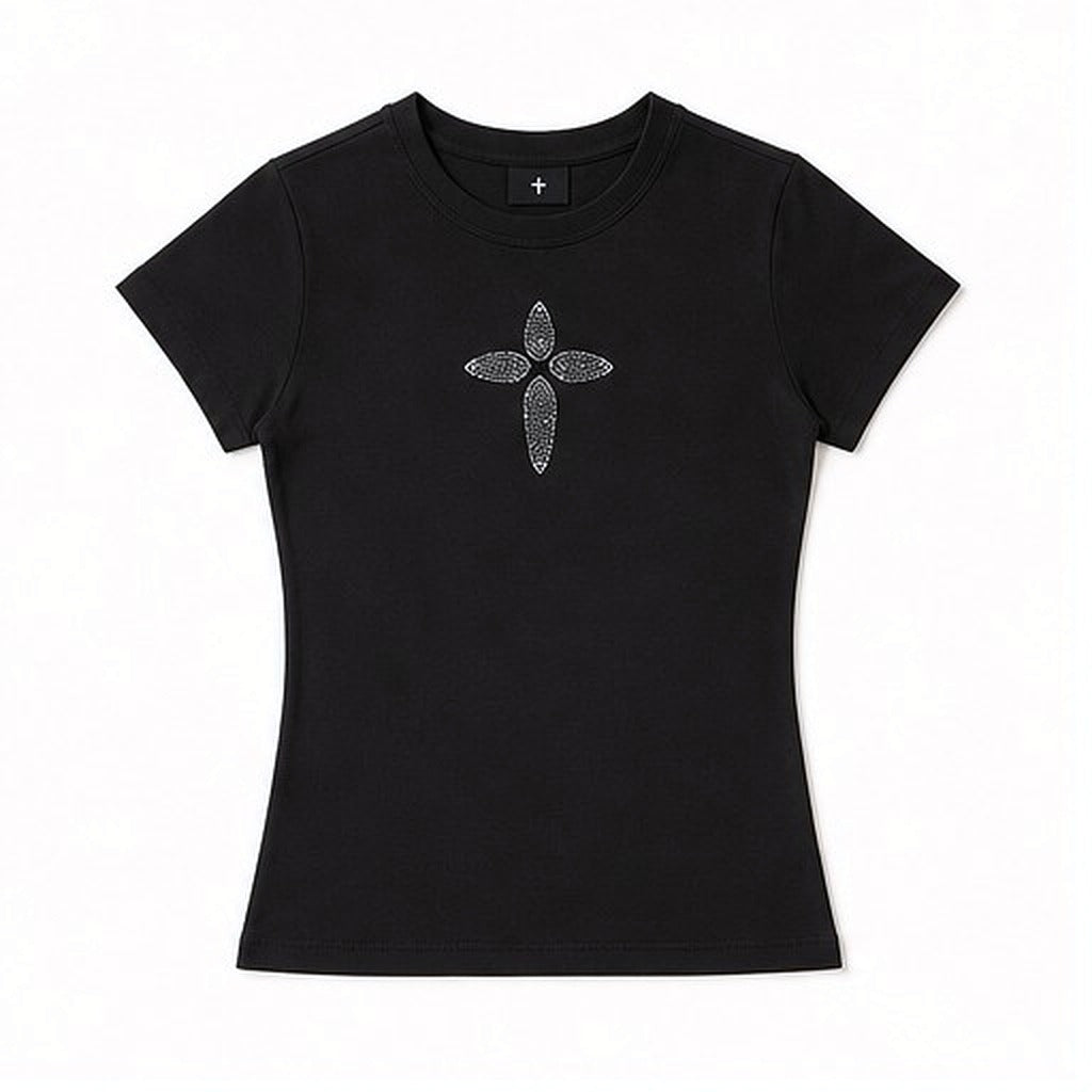 Rhinestone Fitted Tee, flat front — the rhinestone cross