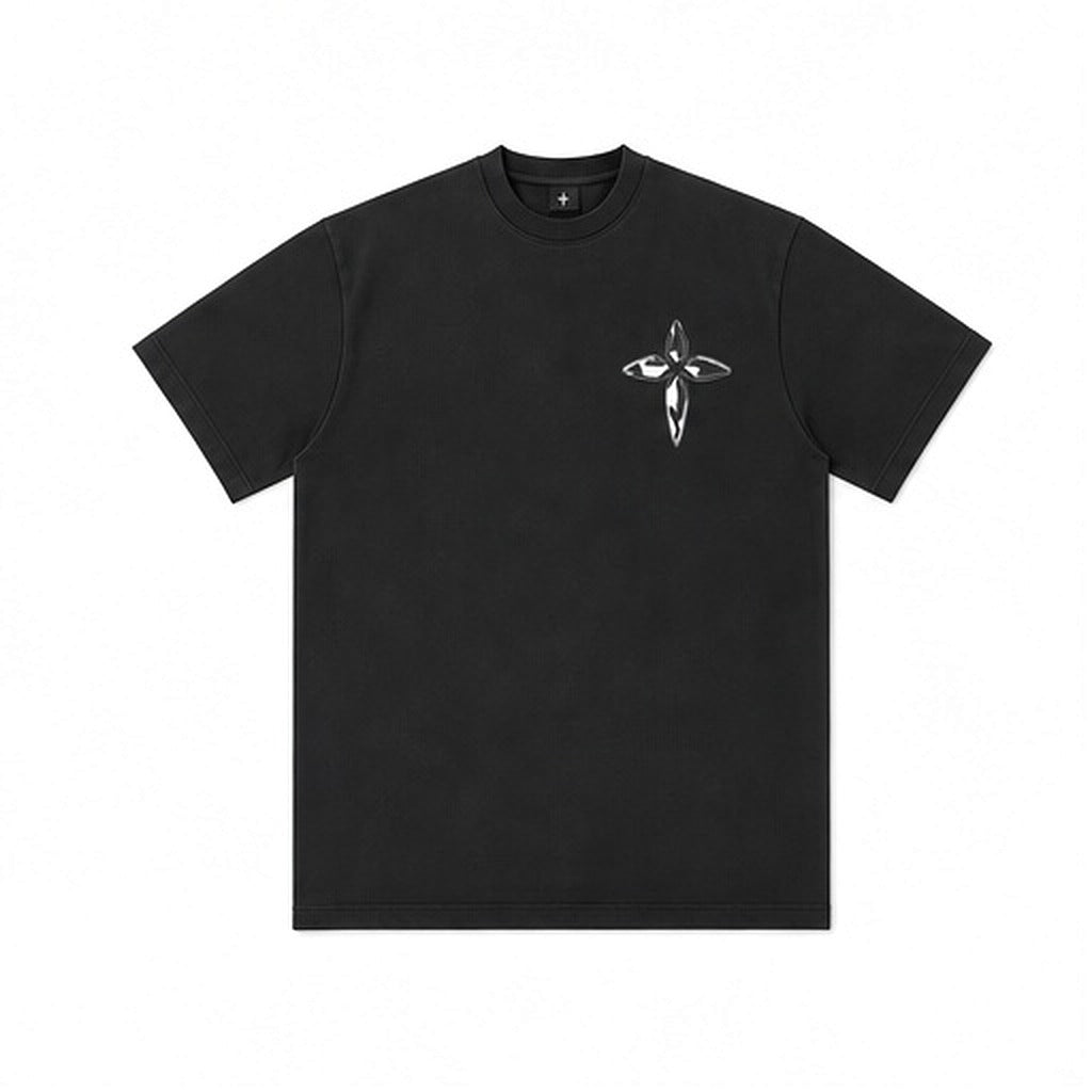 Metallic Cross Tee, flat front — small chrome cross on the left chest