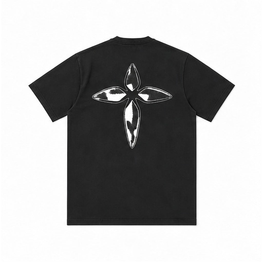 Metallic Cross Tee, flat back — the full chrome cross