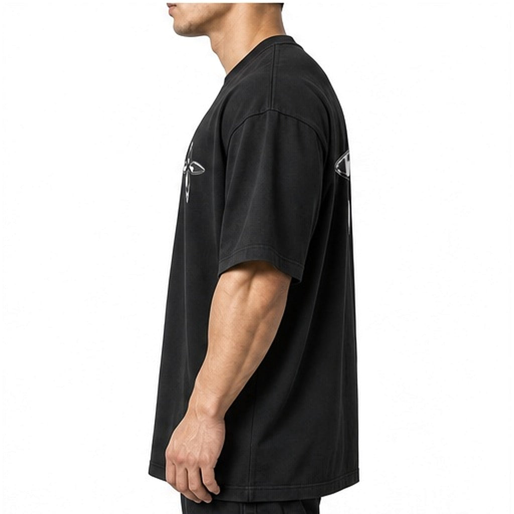 Metallic Cross Tee, side — dropped shoulder